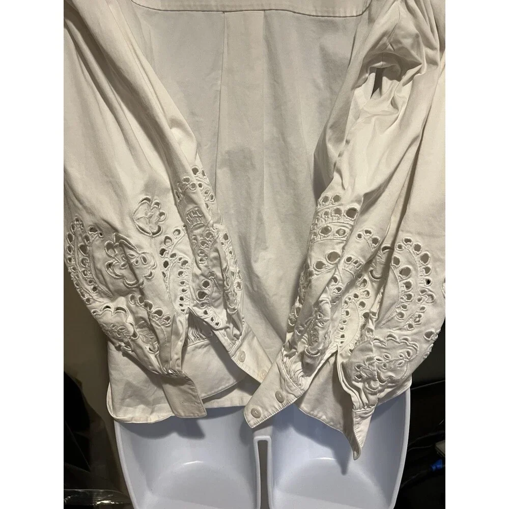 Kate Spade New York Poplin Cutwork Shirt White Button Down Eyelet Sleeve Size 8